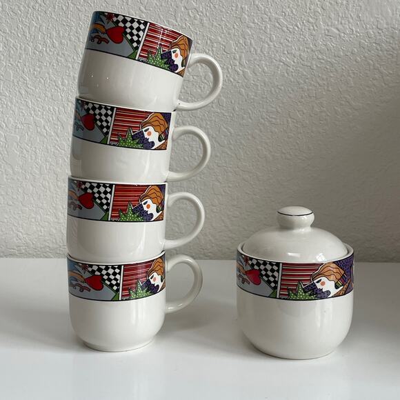 Vitromaster 1991 Metropolitan 4 Coffee Cups, Sugar Bowl & Lid Abstract Art - Picture 11 of 16